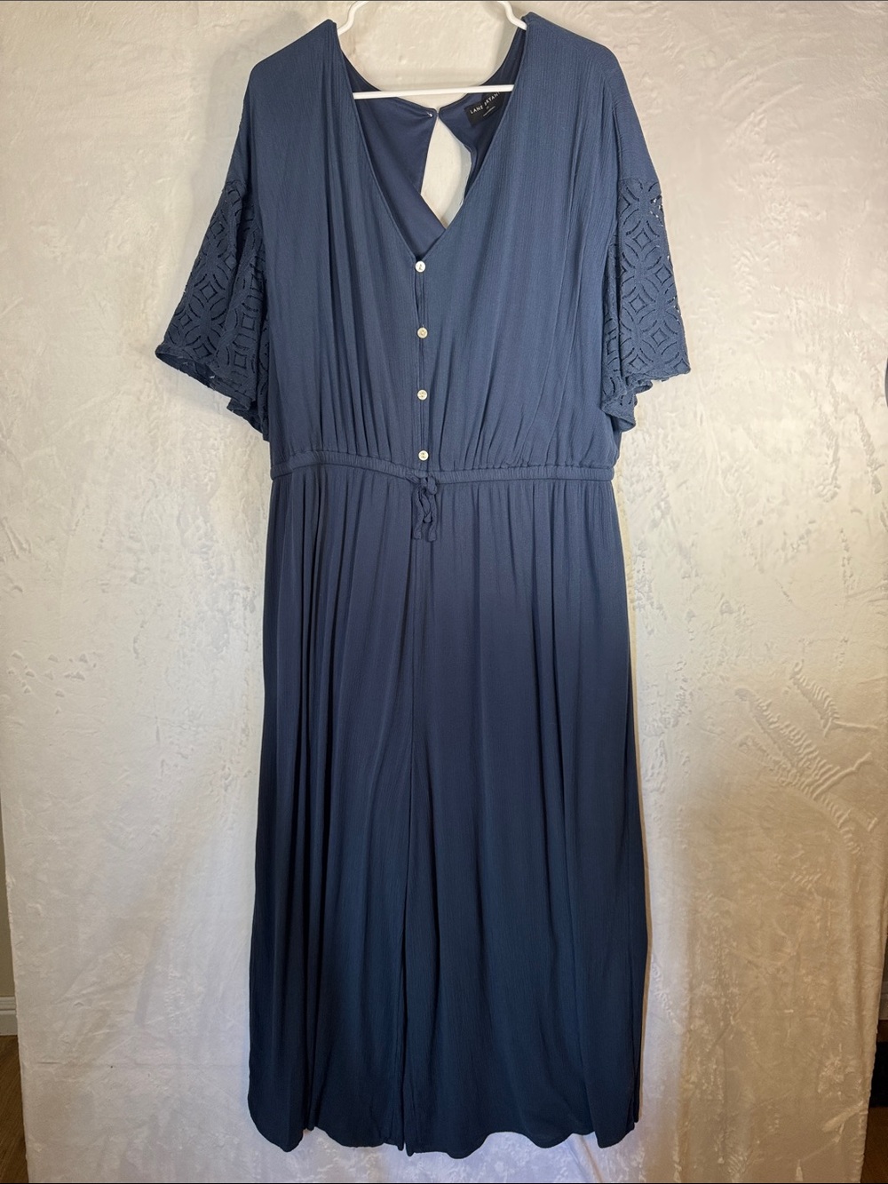 Lane Bryant Navy Button-Front Maxi Romper with Lace Sleeves Size 20